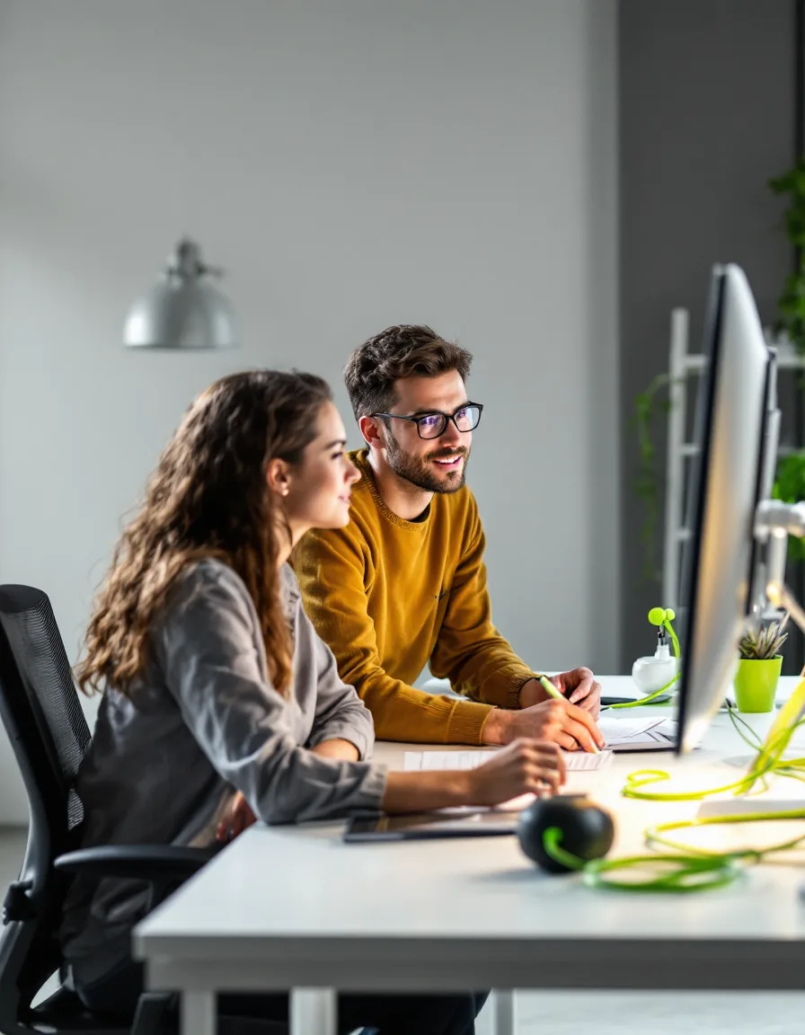 Two Ziptie Social strategists reviewing a month's content calendar