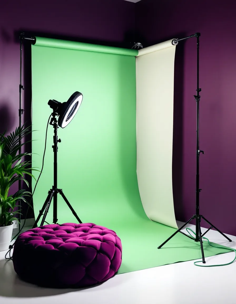 A content studio corner with a green backdrop and lighting