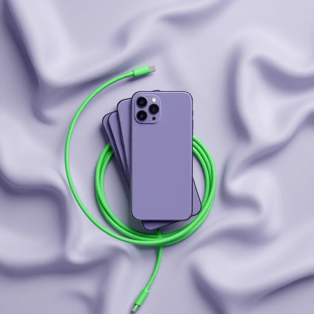 Flatlay of phones and a green cable on a studio backdrop